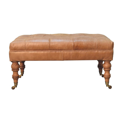 35" Light Brown Rolling Genuine Leather Tufted Ottoman HomeRoots