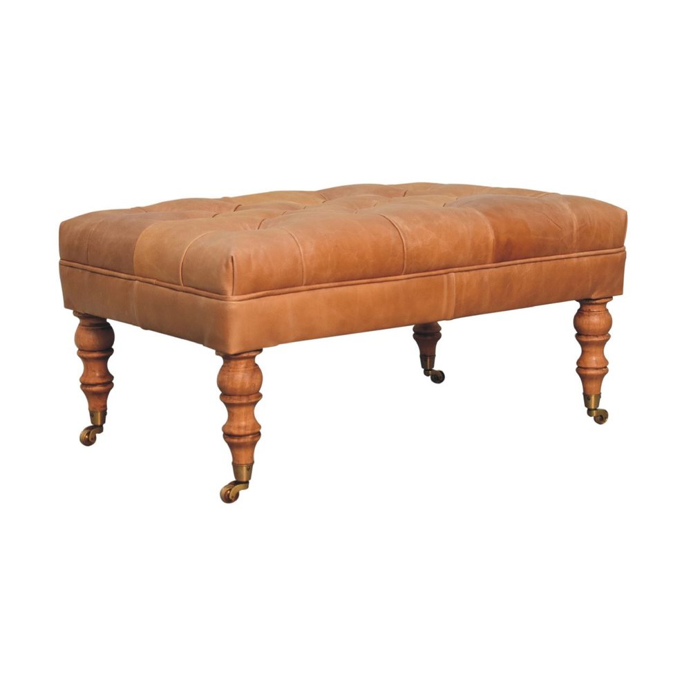 35" Light Brown Rolling Genuine Leather Tufted Ottoman HomeRoots