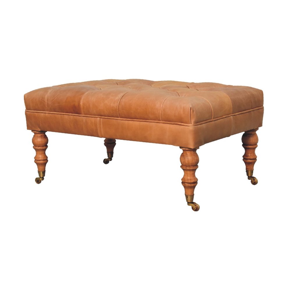 35" Light Brown Rolling Genuine Leather Tufted Ottoman HomeRoots