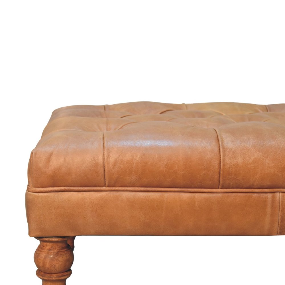 35" Black Brass And Brown Rolling Genuine Leather Tufted Ottoman