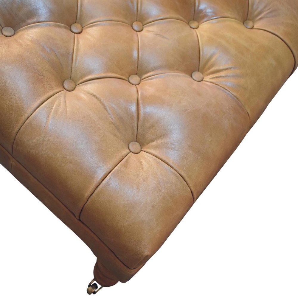 35" Black Brass And Brown Rolling Genuine Leather Tufted Ottoman
