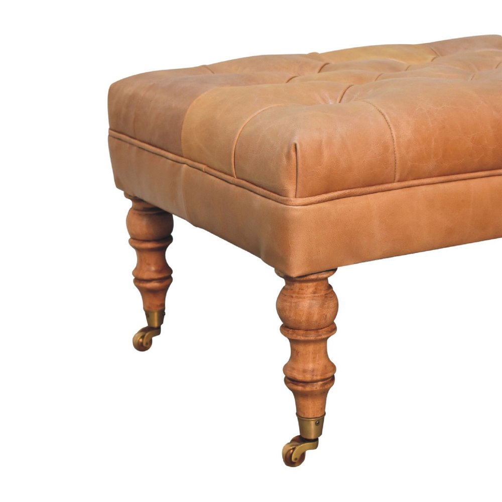 35" Black Brass And Brown Rolling Genuine Leather Tufted Ottoman — view 8