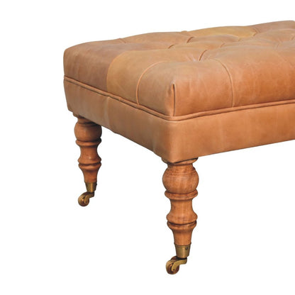 35" Black Brass And Brown Rolling Genuine Leather Tufted Ottoman