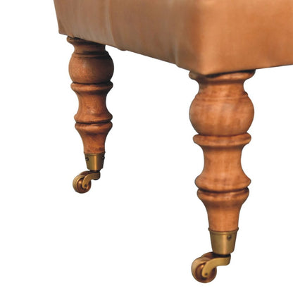 35" Black Brass And Brown Rolling Genuine Leather Tufted Ottoman