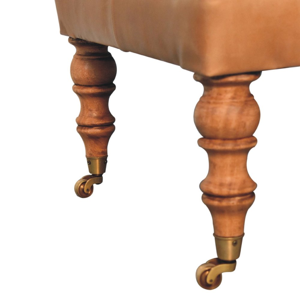 35" Light Brown Rolling Genuine Leather Tufted Ottoman HomeRoots