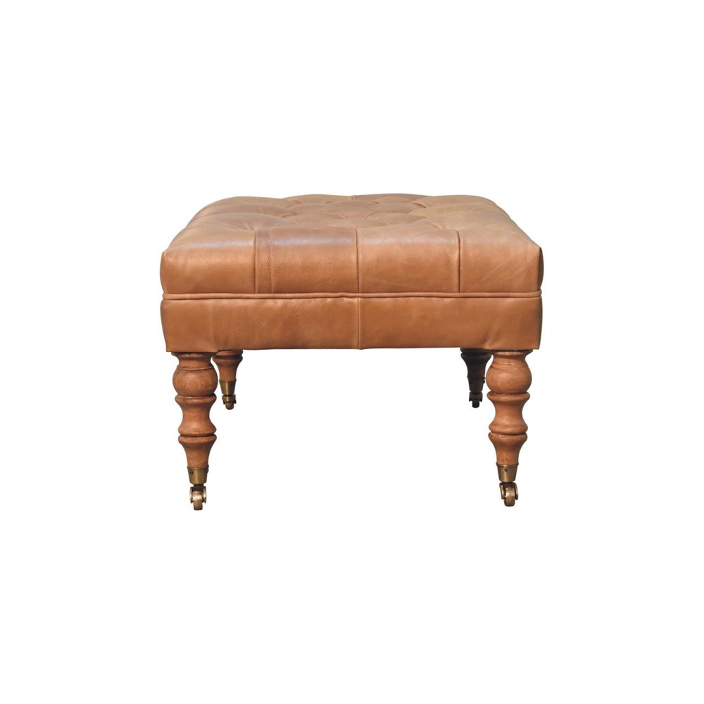 35" Light Brown Rolling Genuine Leather Tufted Ottoman HomeRoots