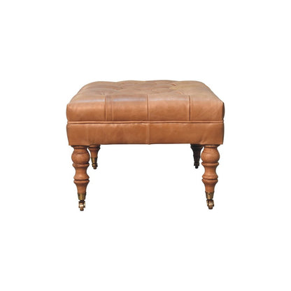 35" Light Brown Rolling Genuine Leather Tufted Ottoman HomeRoots
