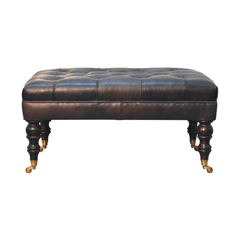 35" Black Brass And Brown Rolling Genuine Leather Tufted Ottoman