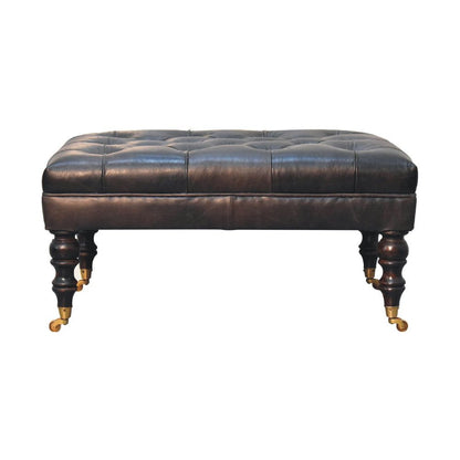35" Black Brass And Brown Rolling Genuine Leather Tufted Ottoman