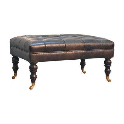 35" Black Brass And Brown Rolling Genuine Leather Tufted Ottoman