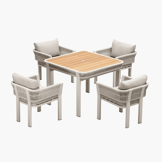 Five Piece Light Brown And Beige Square Solid Wood Dining Set with Four Chairs