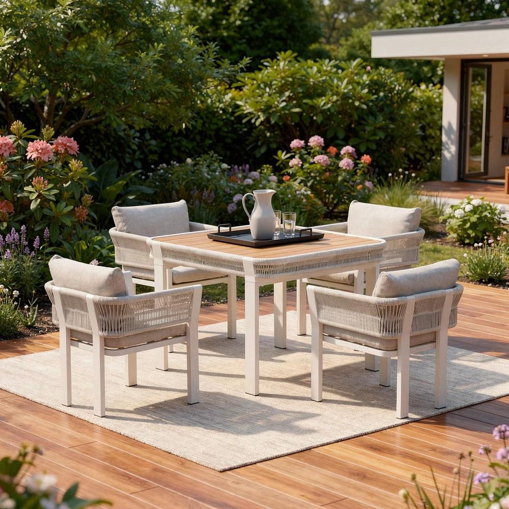 Five Piece Light Brown and Beige Square Solid Wood Dining Set with Four Chairs — view 1