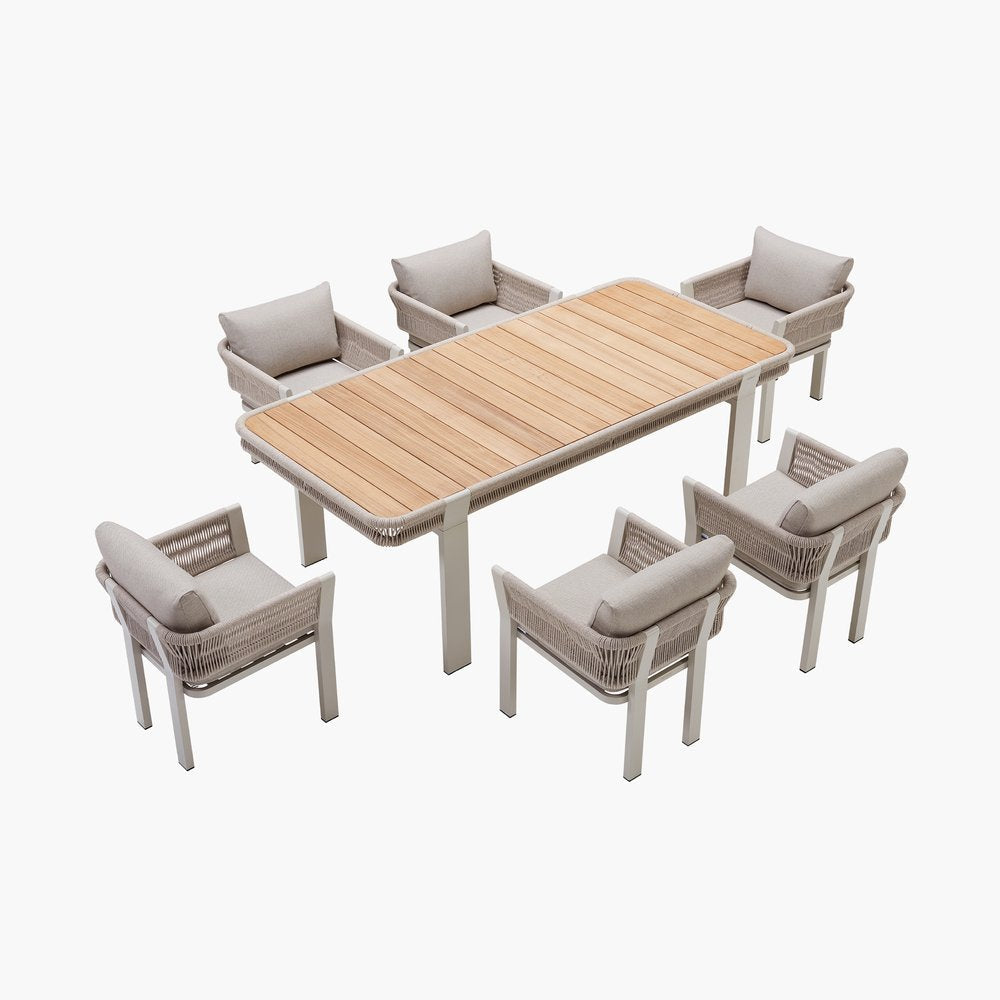 Seven Piece Light Brown and Beige Solid Wood Dining Set with Six Chairs — view 2