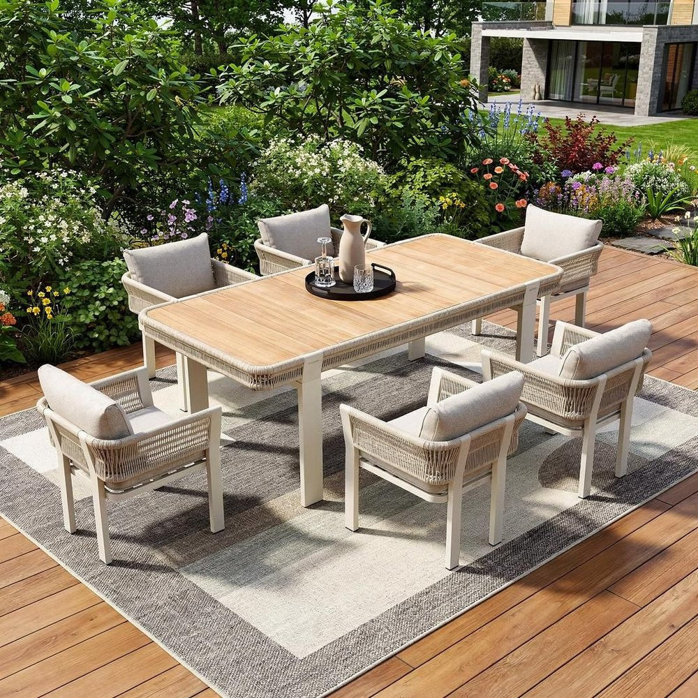 Seven Piece Light Brown and Beige Solid Wood Dining Set with Six Chairs — view 1