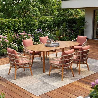 Seven Piece Brown Oval Solid Wood Dining Set with Six Chairs HomeRoots