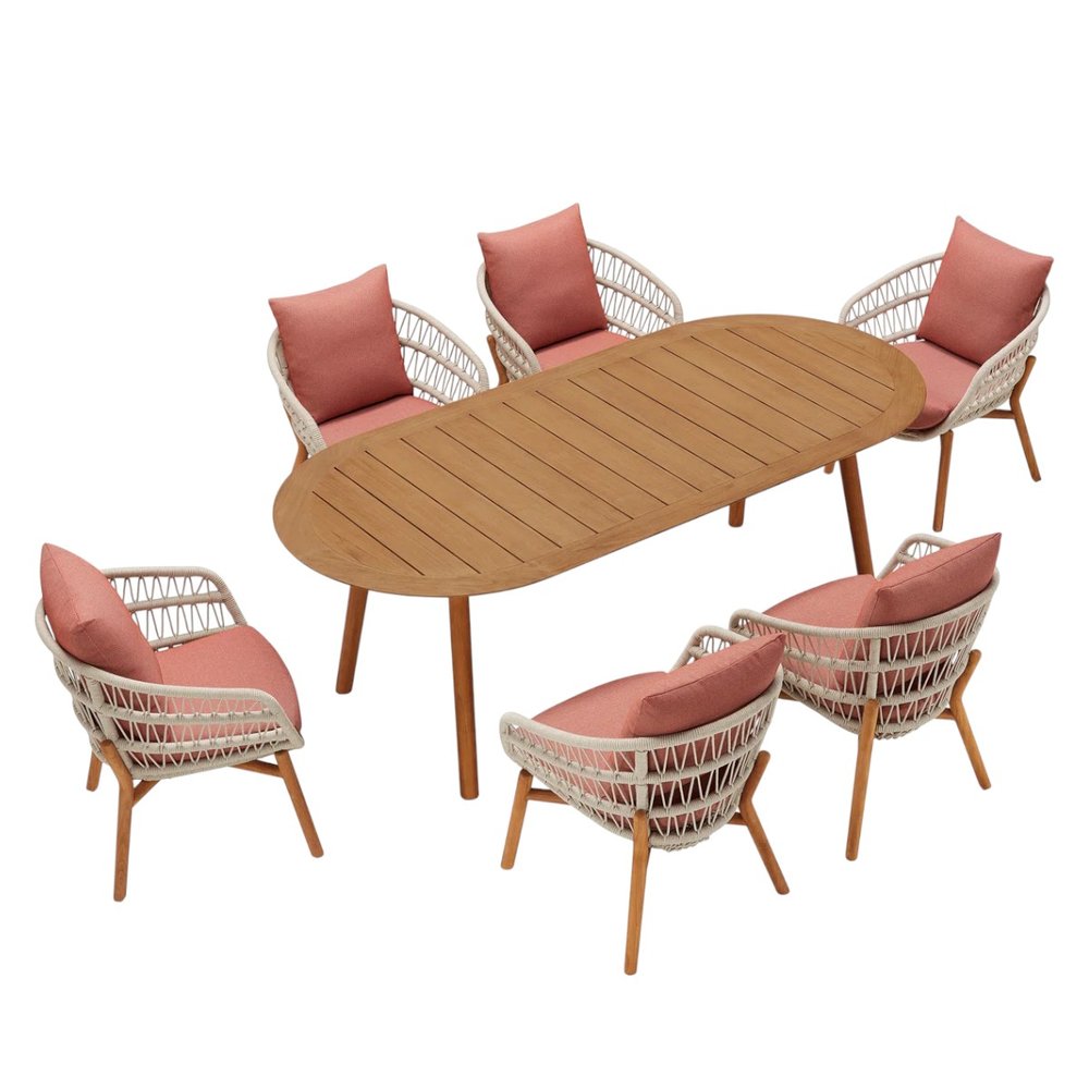 Seven Piece Brown Oval Solid Wood Dining Set with Six Chairs HomeRoots
