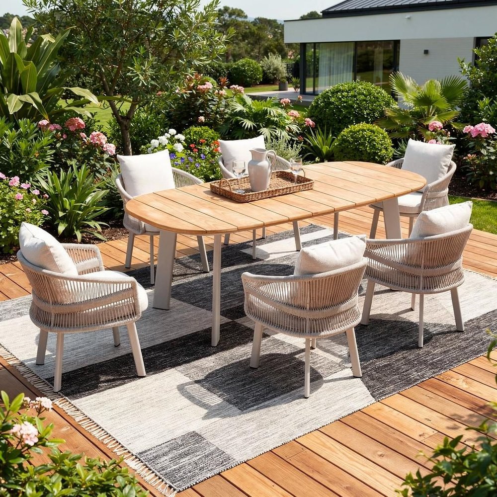 Seven Piece Light Brown and Beige Solid Wood Dining Set with Six Chairs — view 1