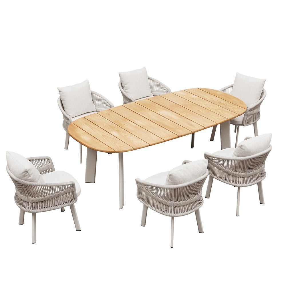 Seven Piece Light Brown and Beige Solid Wood Dining Set with Six Chairs — view 2