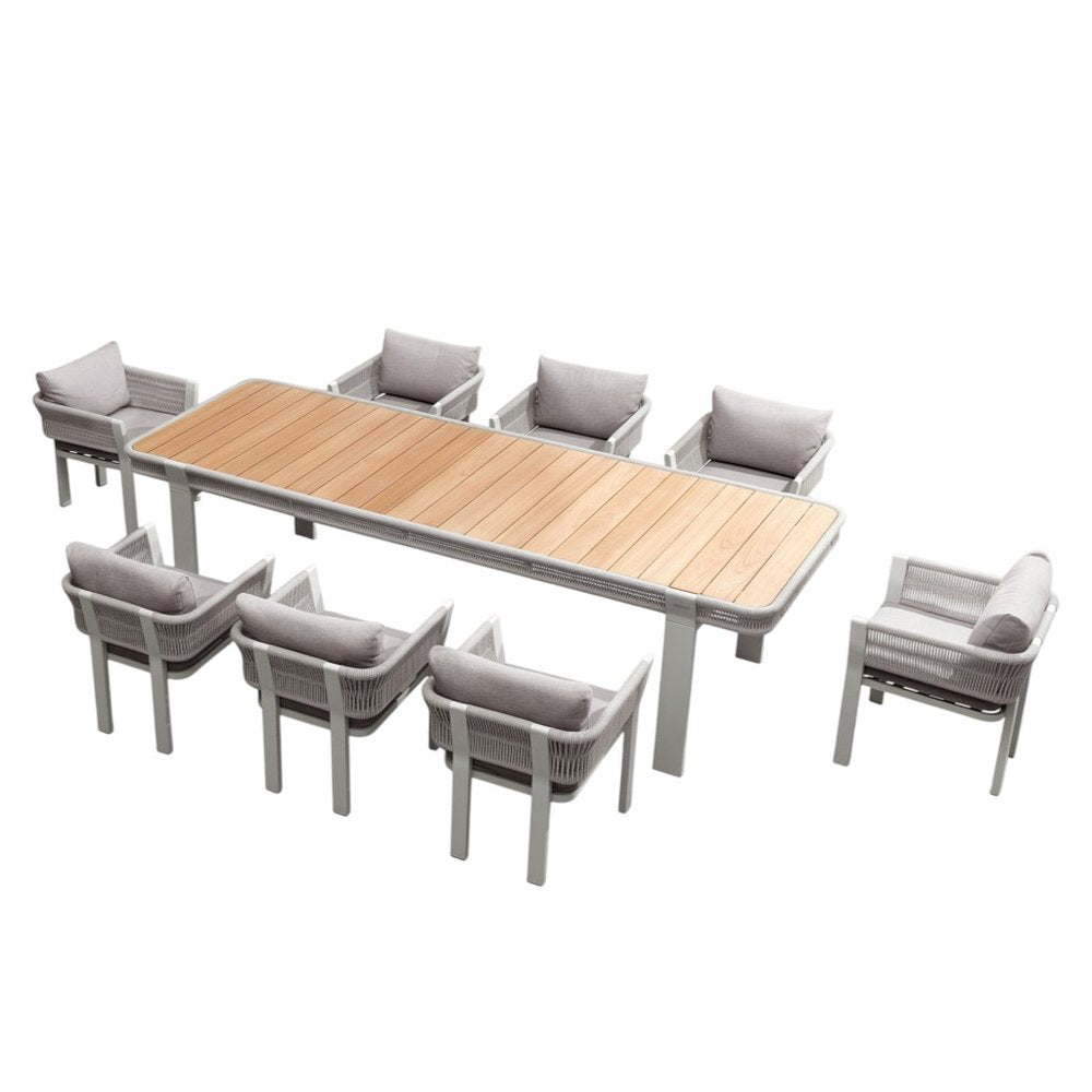 Nine Piece Light Brown and Beige Solid Wood Dining Set with Eight Chairs — view 2