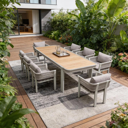 Nine Piece Light Brown and Beige Solid Wood Dining Set with Eight Chairs HomeRoots