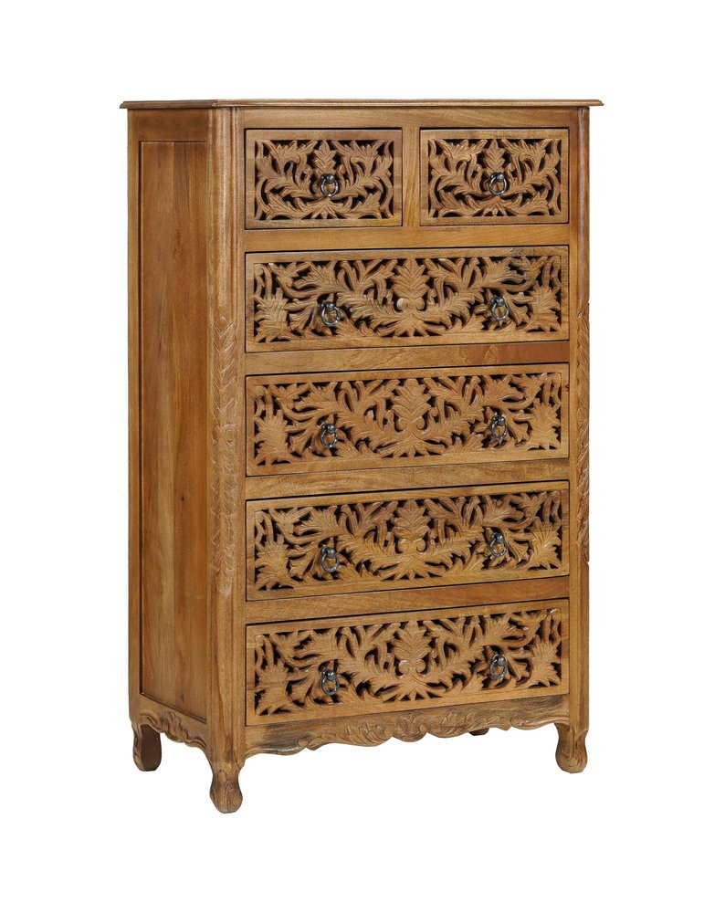 35" Brown Carved Floral Solid Wood Six Drawer Dresser — view 1