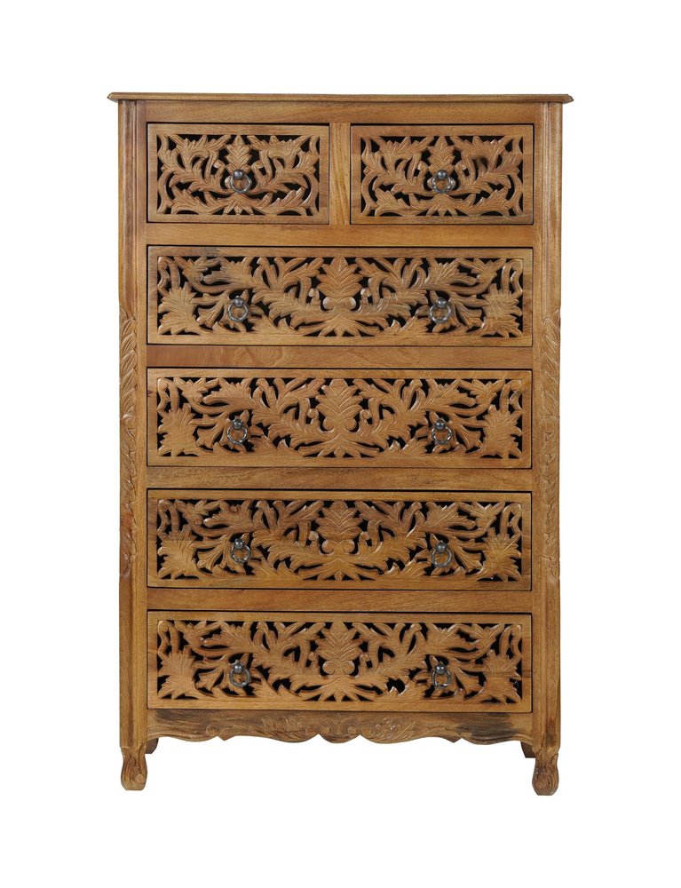 35" Brown Carved Floral Solid Wood Six Drawer Dresser — view 2