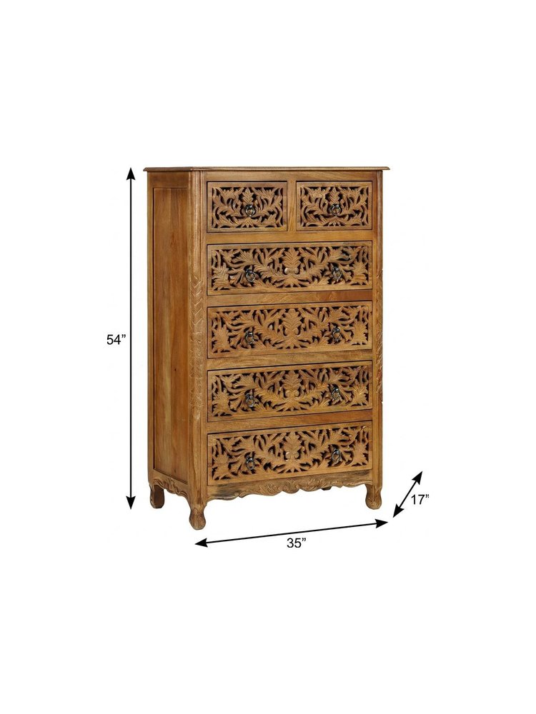35" Brown Carved Floral Solid Wood Six Drawer Dresser — view 6