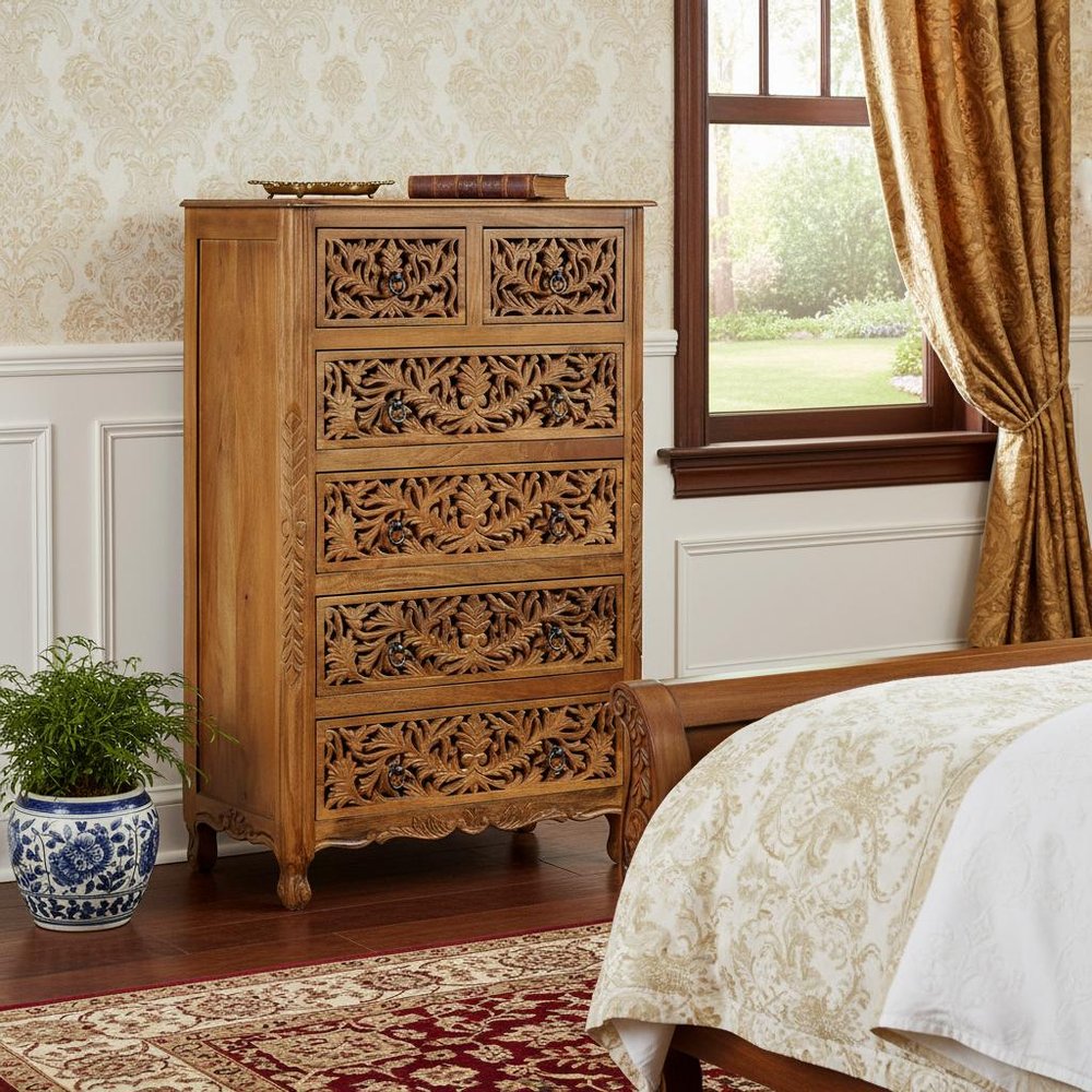 35" Brown Carved Floral Solid Wood Six Drawer Dresser — view 7
