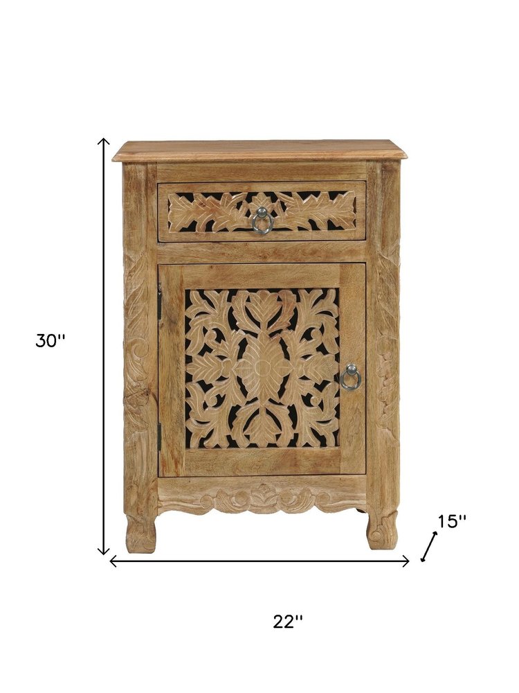 30" Natural Solid Wood Distressed Carved Floral One Drawer Nightstand — view 9