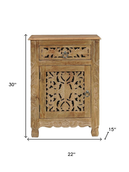 30" Natural Solid Wood Distressed Carved Floral One Drawer Nightstand
