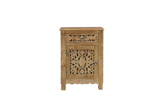 30" Natural Solid Wood Distressed Carved Floral One Drawer Nightstand