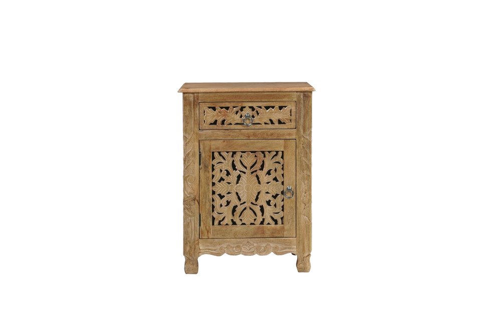 30" Natural Solid Wood Distressed Carved Floral One Drawer Nightstand HomeRoots