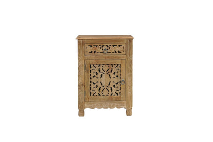 30" Natural Solid Wood Distressed Carved Floral One Drawer Nightstand HomeRoots