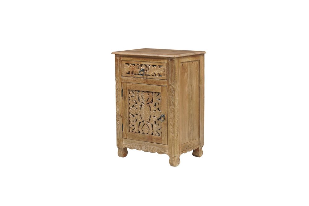30" Natural Solid Wood Distressed Carved Floral One Drawer Nightstand HomeRoots