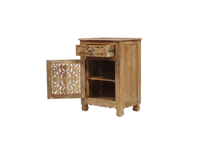 30" Natural Solid Wood Distressed Carved Floral One Drawer Nightstand HomeRoots