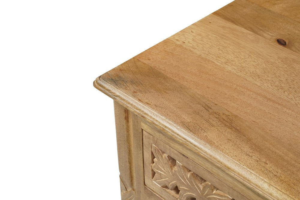 30" Natural Solid Wood Distressed Carved Floral One Drawer Nightstand — view 7