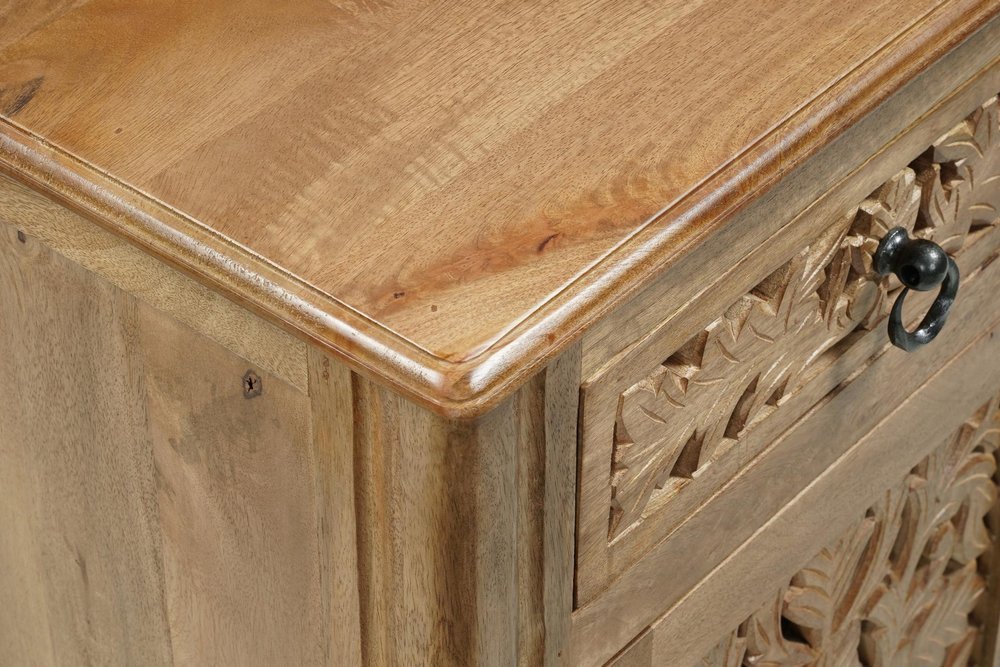 30" Natural Solid Wood Distressed Carved Floral One Drawer Nightstand — view 5