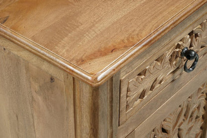 30" Natural Solid Wood Distressed Carved Floral One Drawer Nightstand HomeRoots