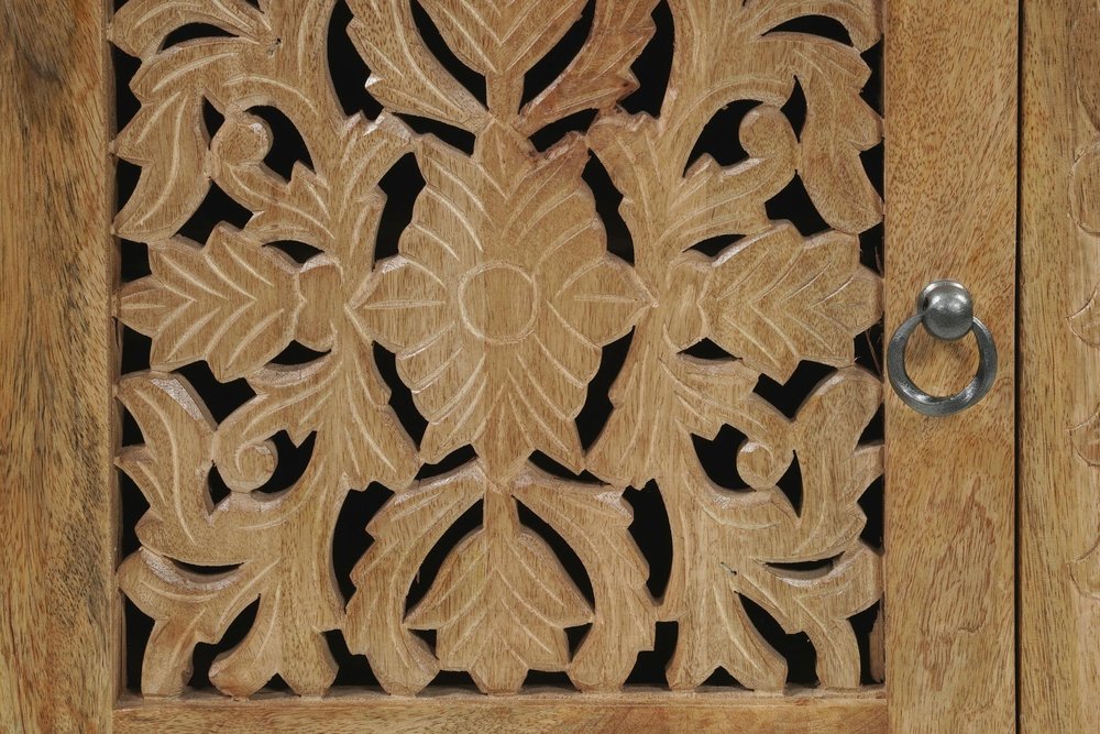 30" Natural Solid Wood Distressed Carved Floral One Drawer Nightstand — view 9