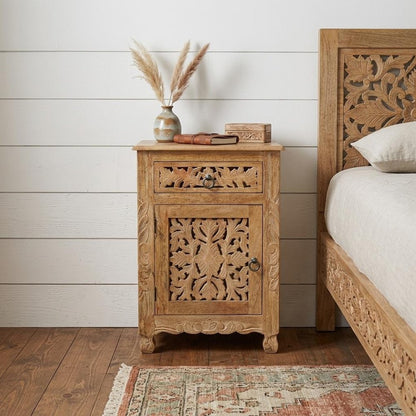 30" Natural Solid Wood Distressed Carved Floral One Drawer Nightstand HomeRoots