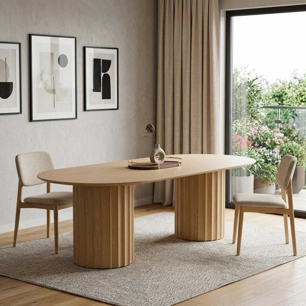 86" Natural Wood Double Pedestal Base Oval Dining Table — view 1