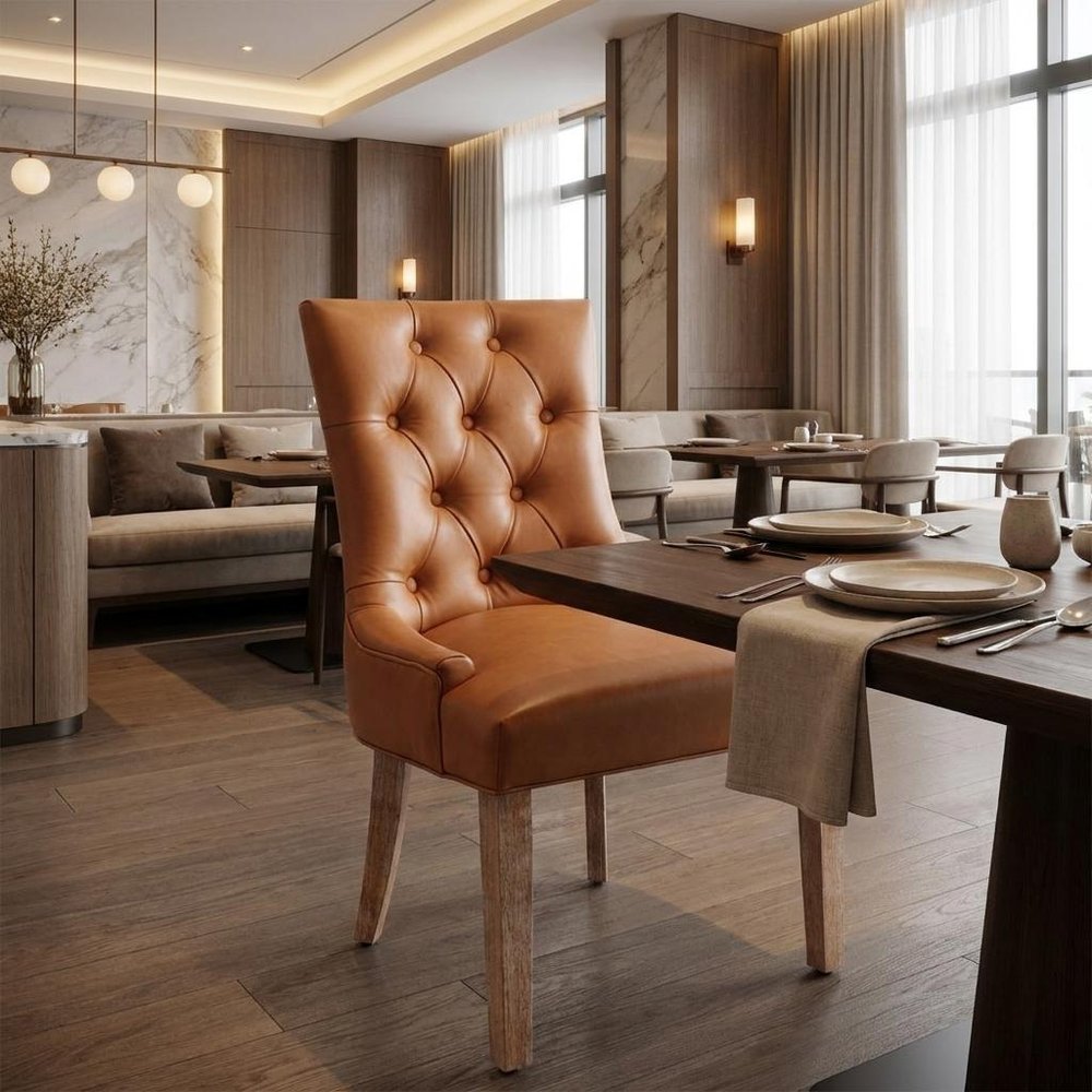 Brown And Natural Tufted Faux Leather And Wood Dining Side Chair — view 10