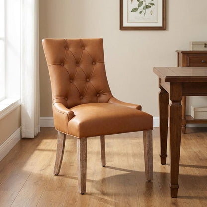 Brown And Natural Tufted Faux Leather And Wood Dining Side Chair