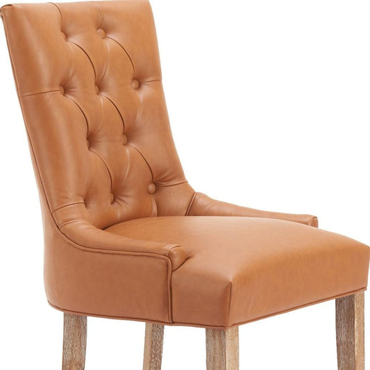 Brown And Natural Tufted Faux Leather And Wood Dining Side Chair