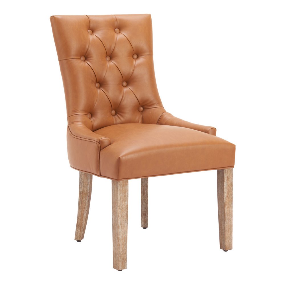 Brown And Natural Tufted Faux Leather And Wood Dining Side Chair — view 3