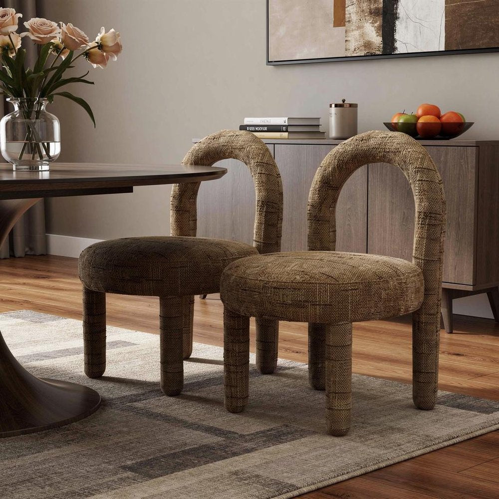 Set of Two Brown Chenille And Solid Wood Open Back Dining Side Chairs — view 2