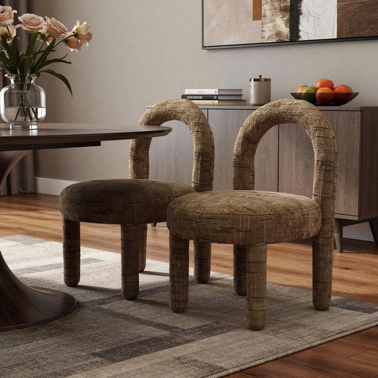 Set of Two Brown Chenille And Solid Wood Open Back Dining Side Chairs