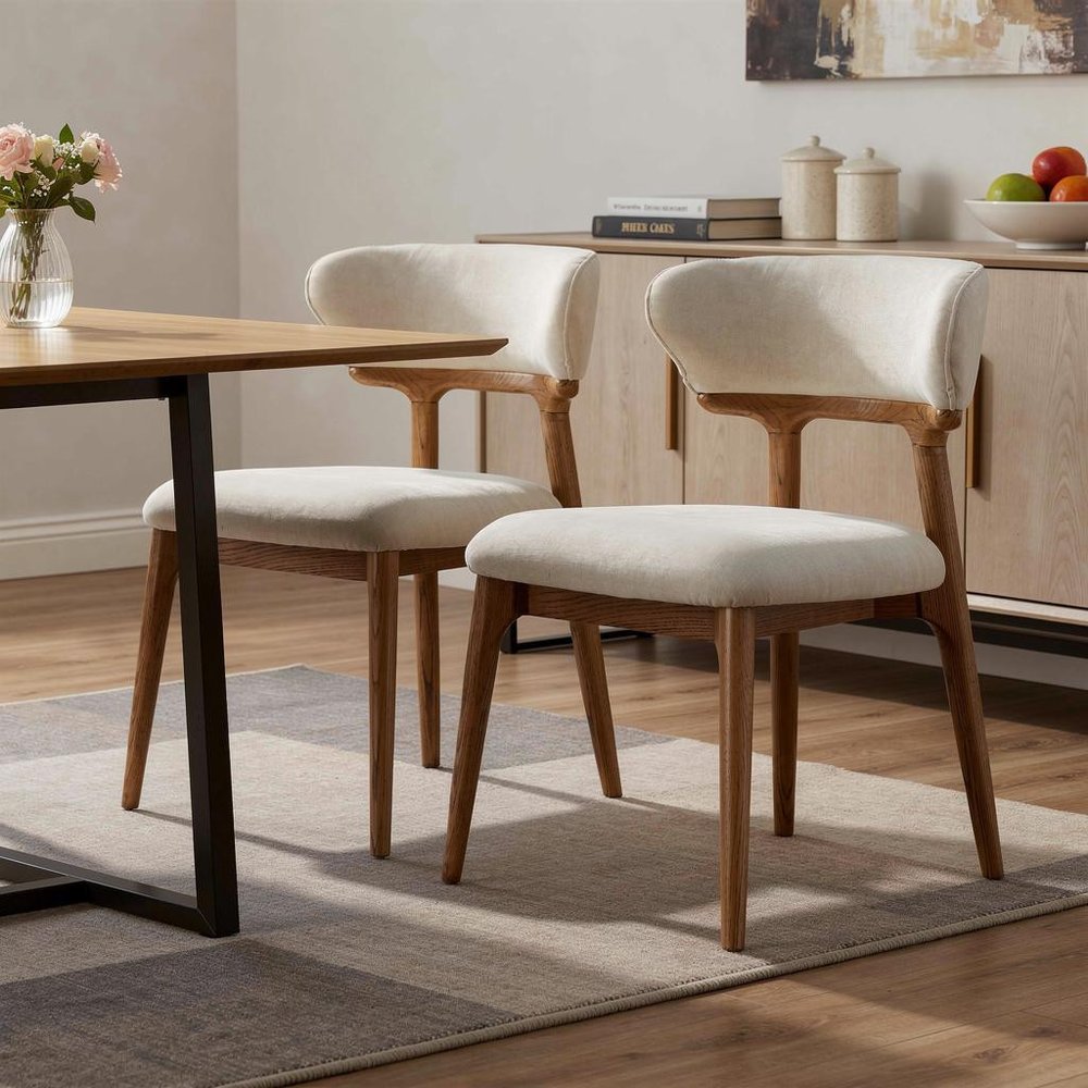 Set of Two White And Walnut Upholstery And Solid Wood Open Back Dining Side Chairs — view 2