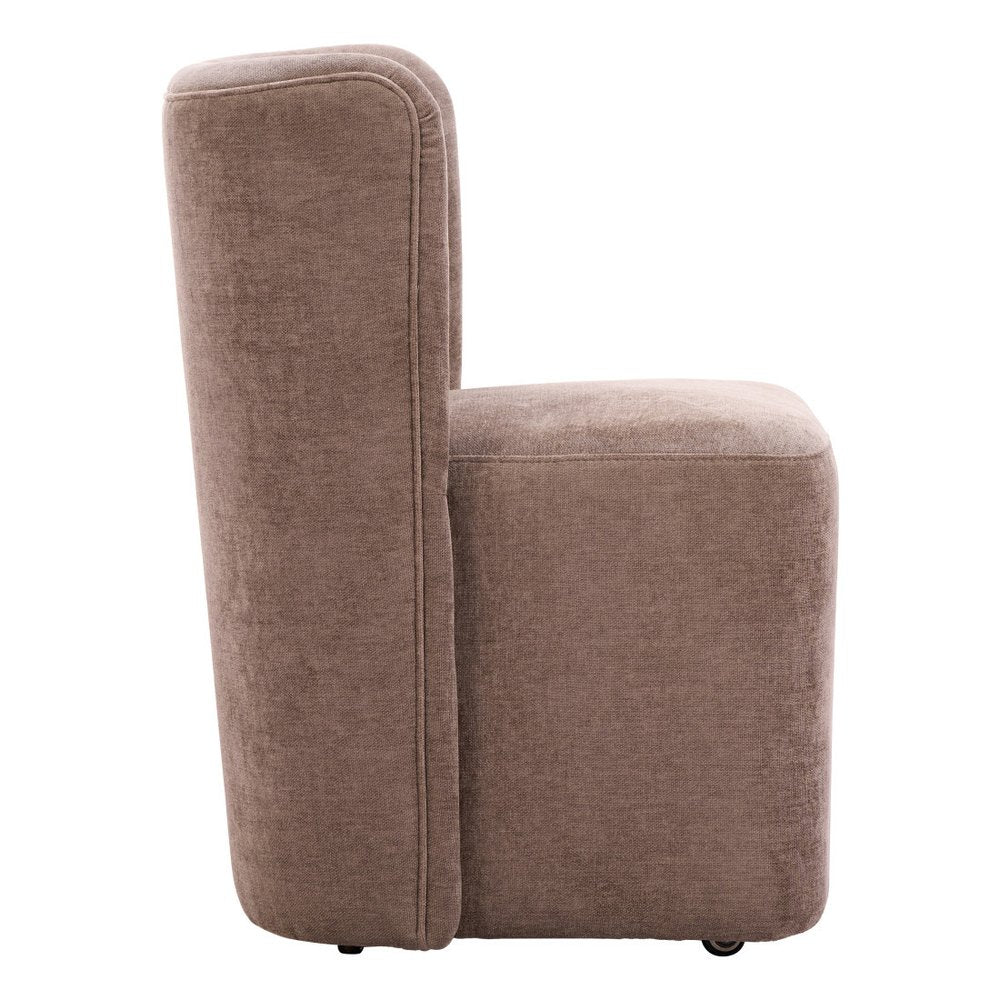 Taupe And Brown Upholstery And Solid Wood And Steel Dining Side Chair With Wheels — view 4