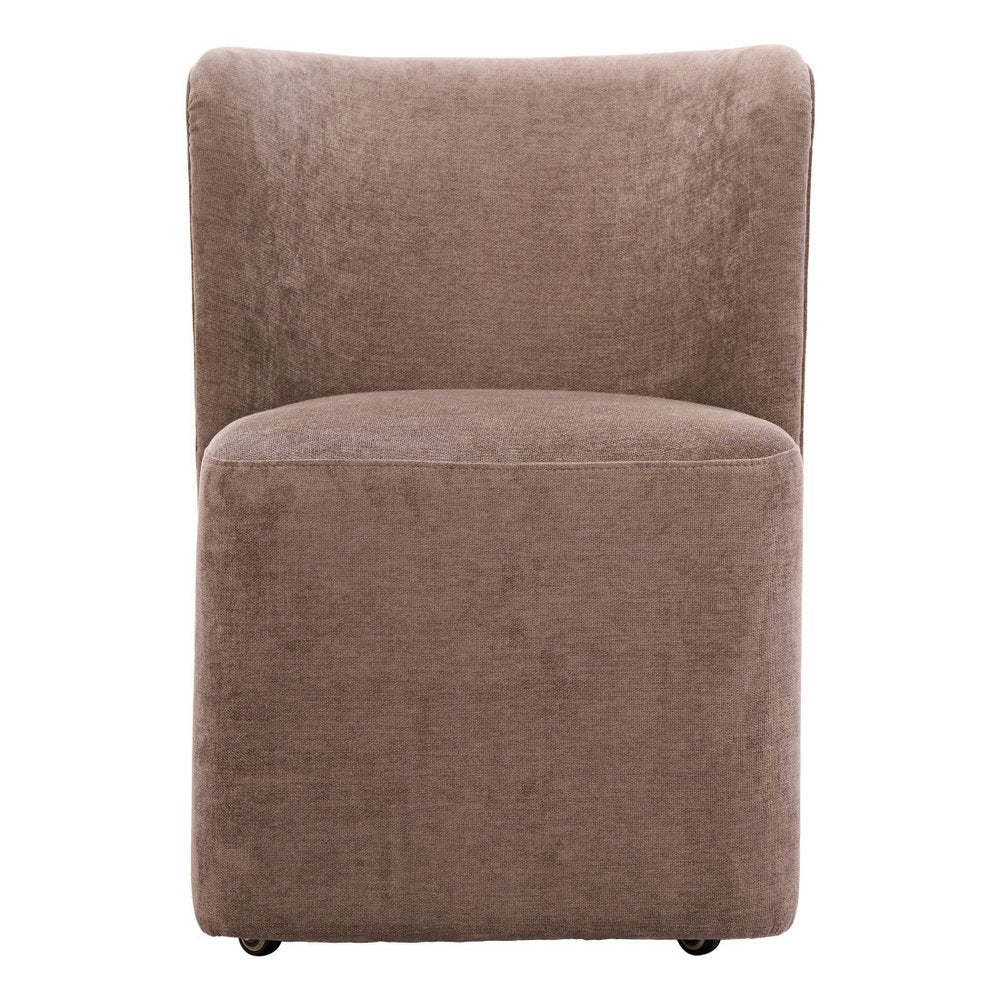 Taupe And Brown Upholstery And Solid Wood And Steel Dining Side Chair With Wheels — view 5